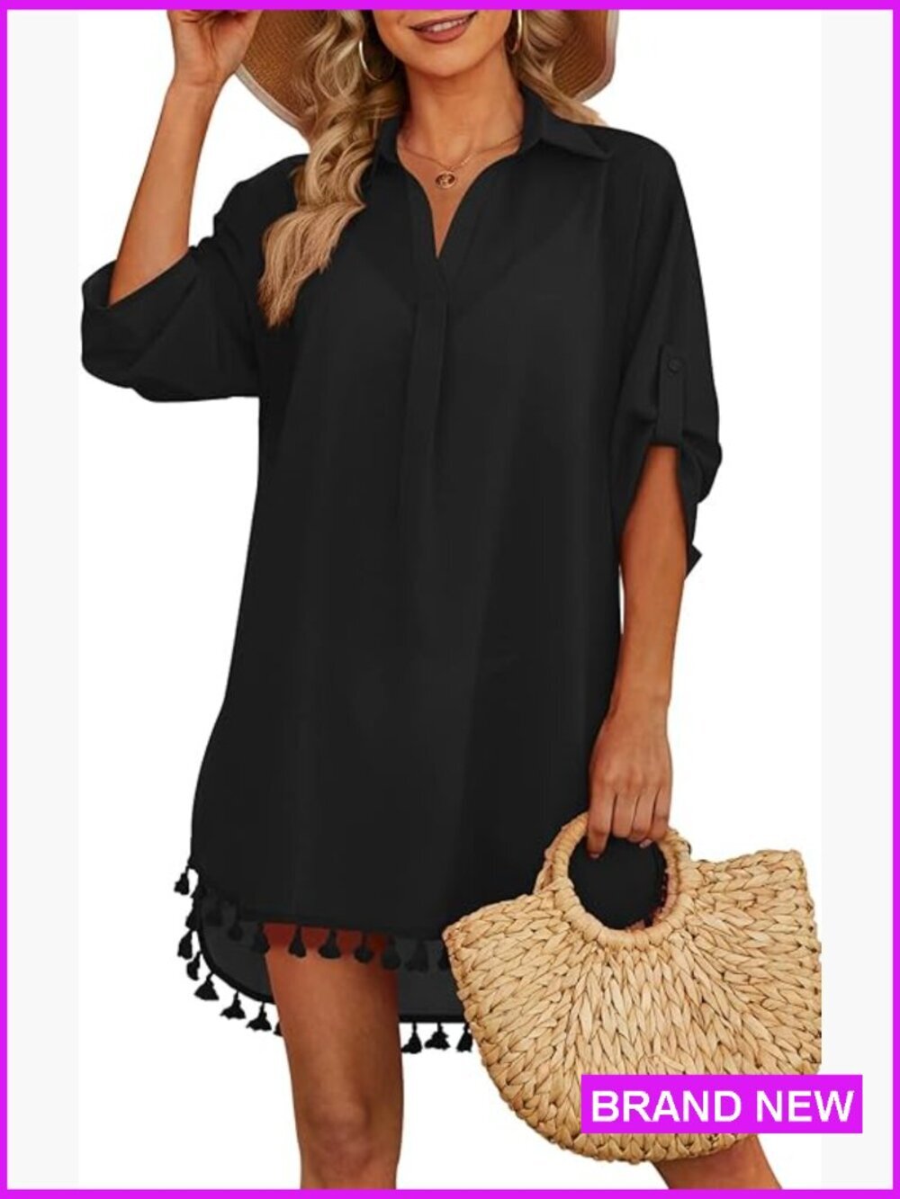 Tassel Swimsuit Cover Up V Neck Beach Dress Loose Fit Bohemian Pool Top